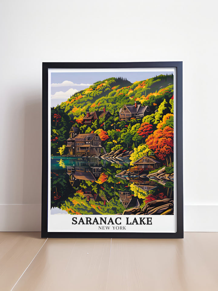 Adirondack Mountains and Adirondack Park come to life in this stunning Saranac Lake print Ideal for New York State art lovers this beautiful piece offers a timeless design that complements any home or office space with a love for nature and adventure