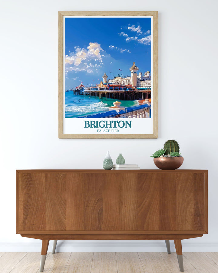 Brighton Pier Print capturing the lively atmosphere of Brighton Palace Pier with the backdrop of the English Channel a stunning vintage travel print for collectors and coastal art enthusiasts.