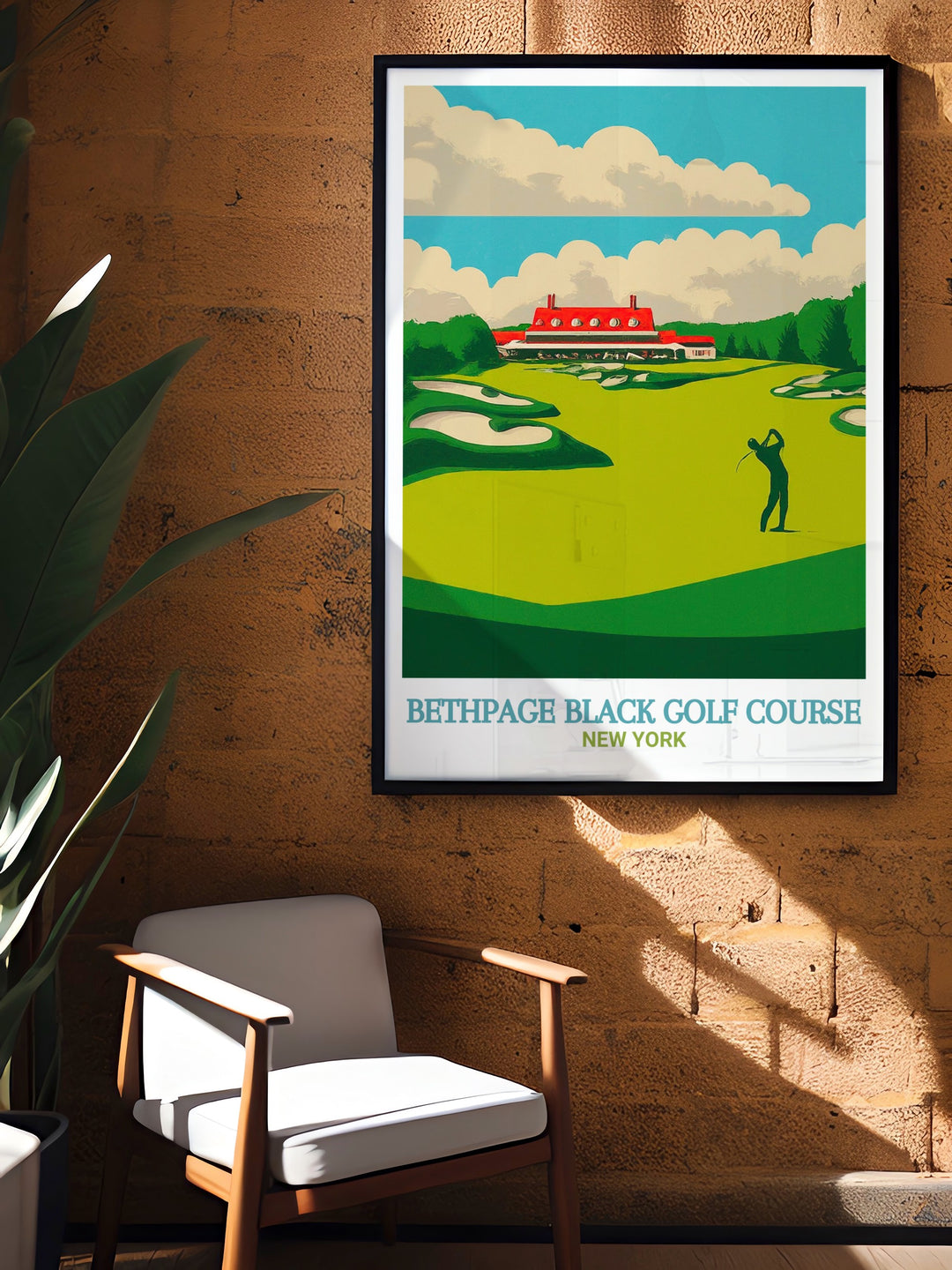 Detailed Bethpage Black art print, showcasing the courses beautiful layout. This travel poster is perfect for golf enthusiasts and adds a touch of sophistication to any wall space with its vibrant portrayal of the New York golf course.