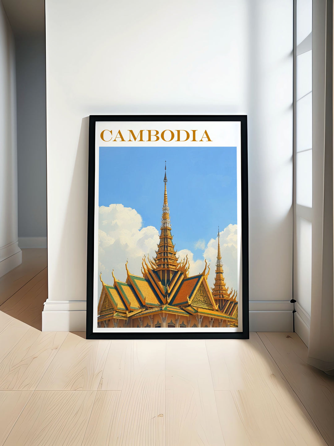 Royal Palace travel poster showcasing the grandeur of Cambodias iconic landmark with intricate architectural details perfect for adding elegance to any home decor.