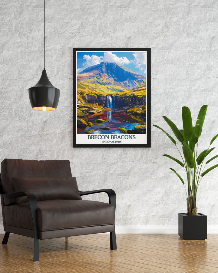 Pen Y Fan and Corn Du in Brecon Beacons National Park featured in a vintage travel print. The artwork brings the natural beauty of Wales into your home perfect for nature lovers and art enthusiasts alike