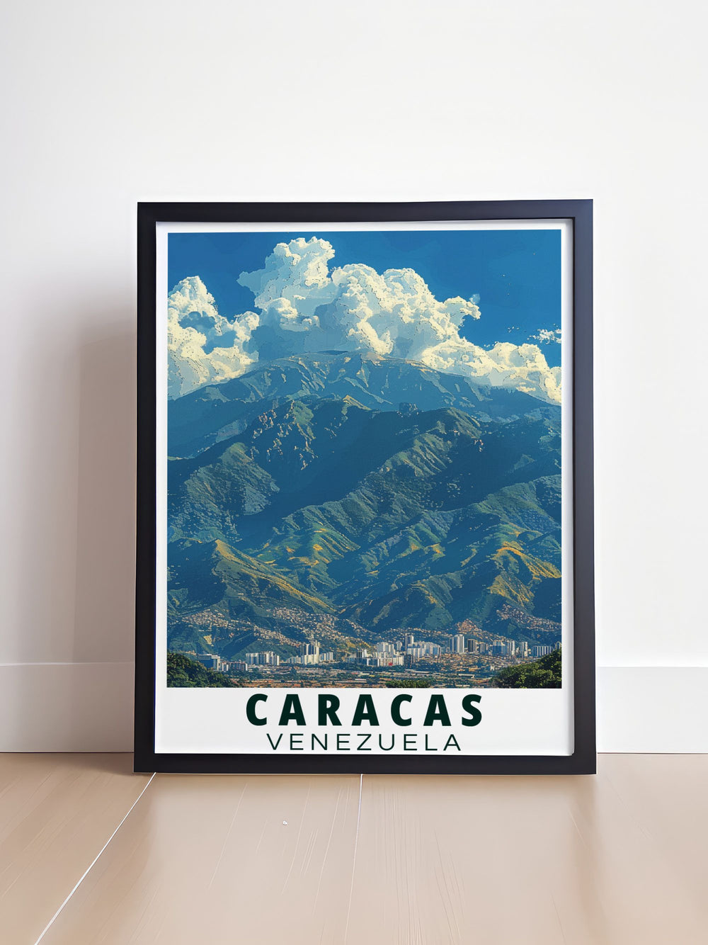 Showcasing Avila Mountains rugged beauty and Caracass cultural vibrancy, this poster is ideal for art lovers who appreciate the diverse and stunning landscapes of Venezuela.
