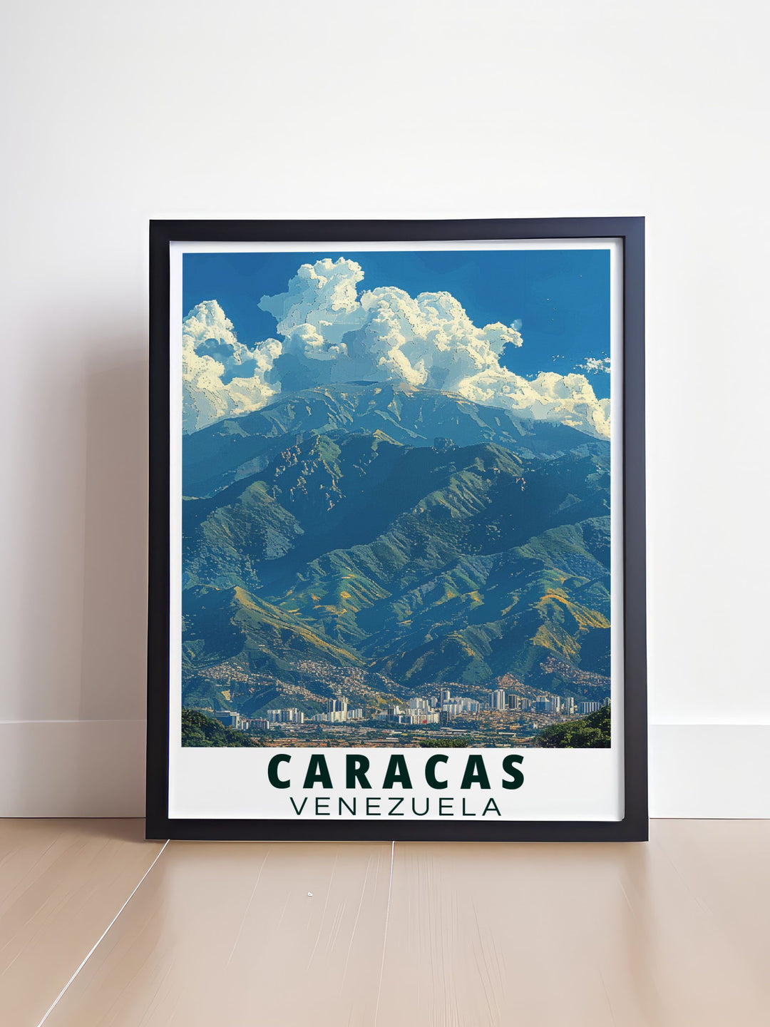 Showcasing Avila Mountains rugged beauty and Caracass cultural vibrancy, this poster is ideal for art lovers who appreciate the diverse and stunning landscapes of Venezuela.