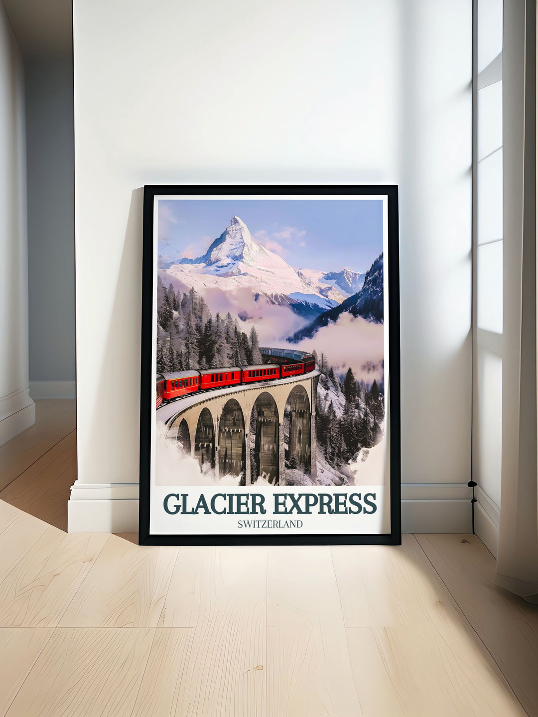 Glacier Express train Landwasser Viaduct travel poster showcases the breathtaking landscapes of the Swiss Alps bringing the iconic journey and picturesque scenery of Switzerland into your home