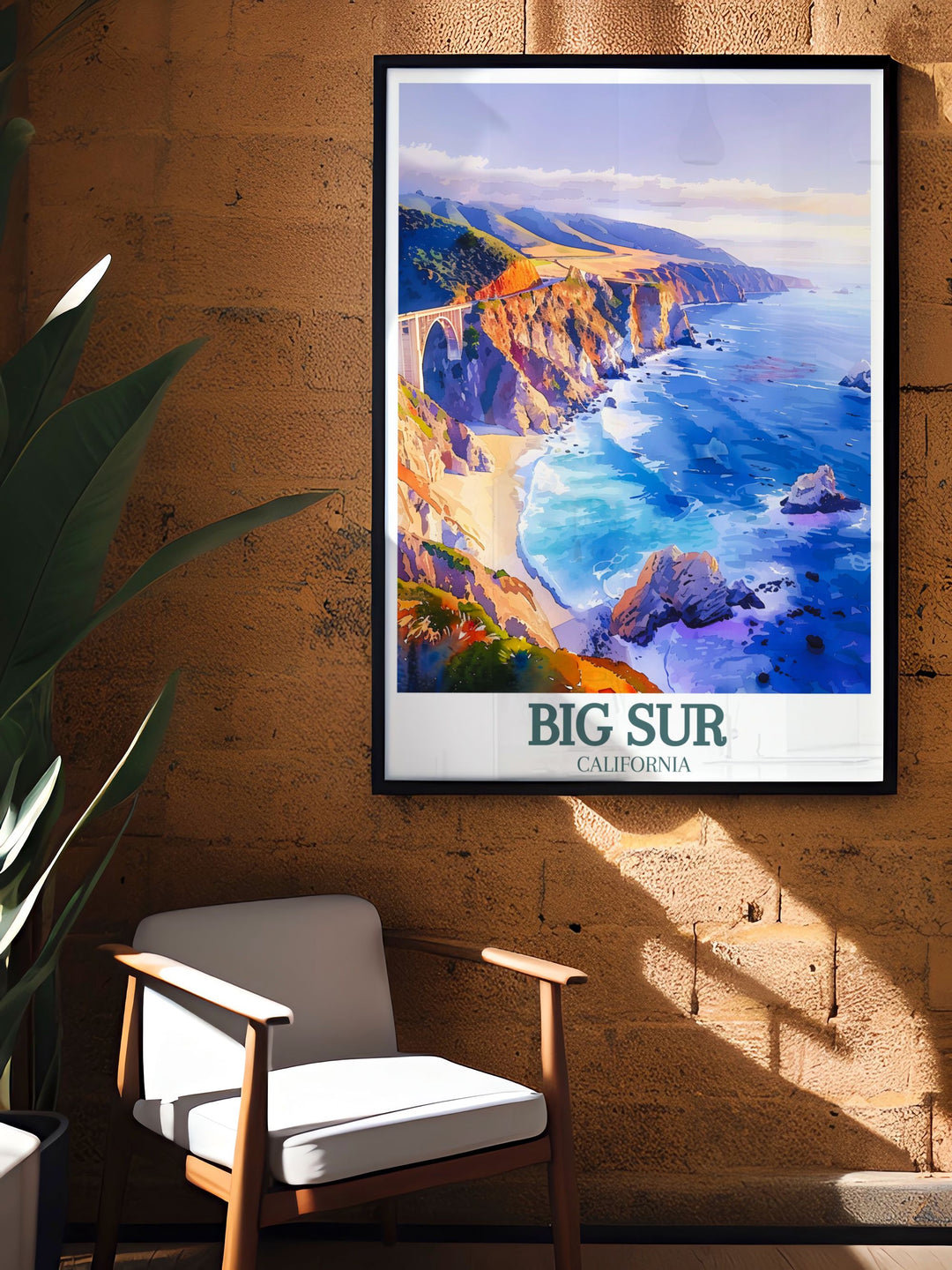 Capture the essence of Californias coastal attractions with this poster featuring Big Surs stunning landscapes and the iconic Bixby Creek Bridge, perfect for enhancing any living space with its scenic charm.