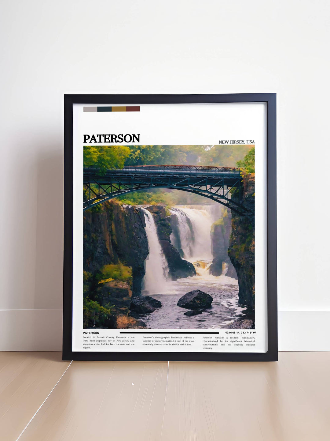 Beautiful vintage Paterson decor with a city color palette that brings out the vibrant spirit of the city detailed photography and city map make this poster a stunning addition to your home or office perfect for Paterson lovers