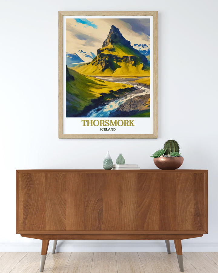 Experience the serene beauty of Thorsmork and the majestic Valahnúkur Mountain with this stunning print, showcasing Icelands dramatic landscapes.