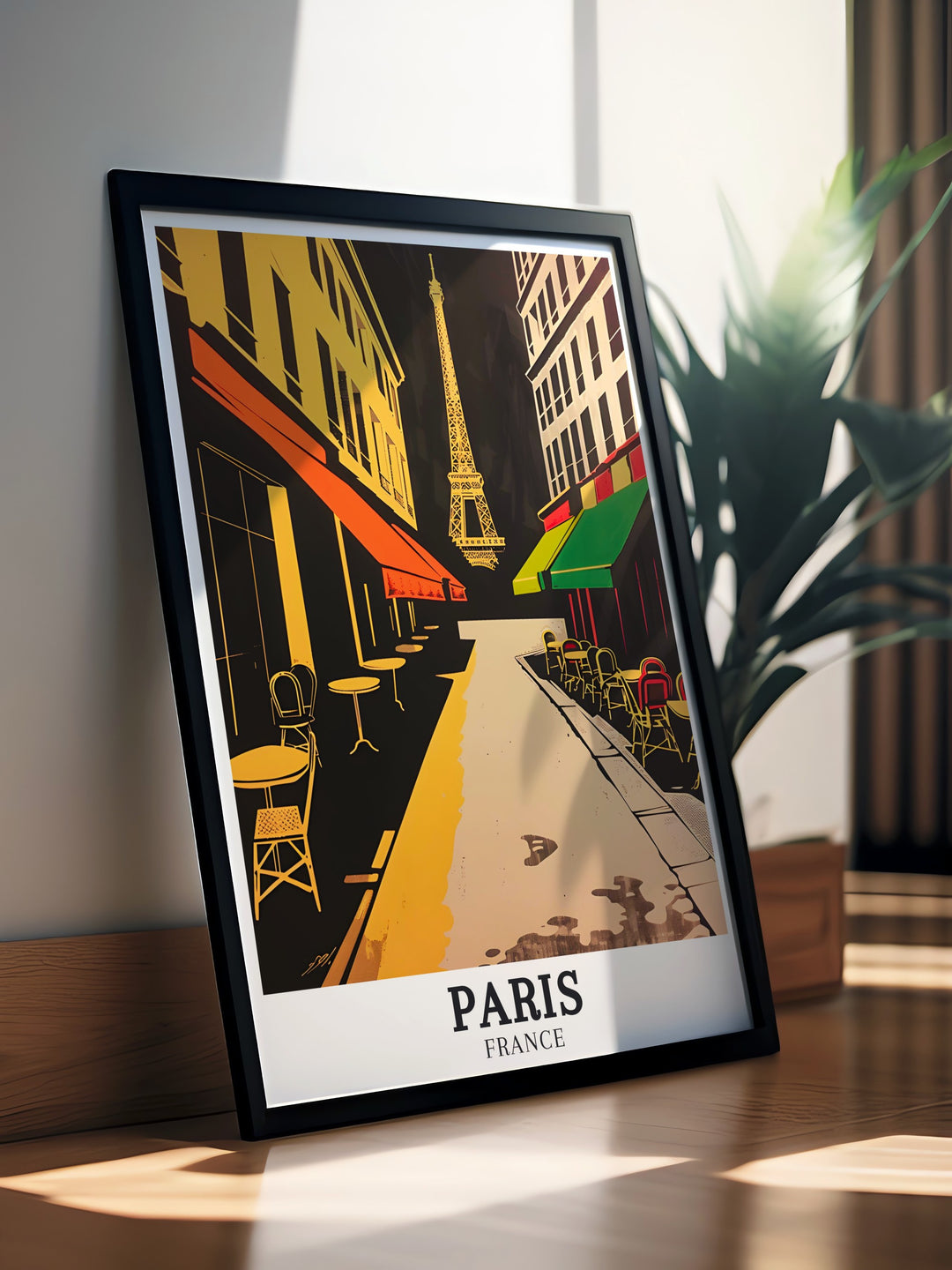 Modern Paris Photography Poster showcasing The Eiffel Tower and Parisian streets. This colorful print is perfect for enhancing your home decor and makes a stunning wall decoration.