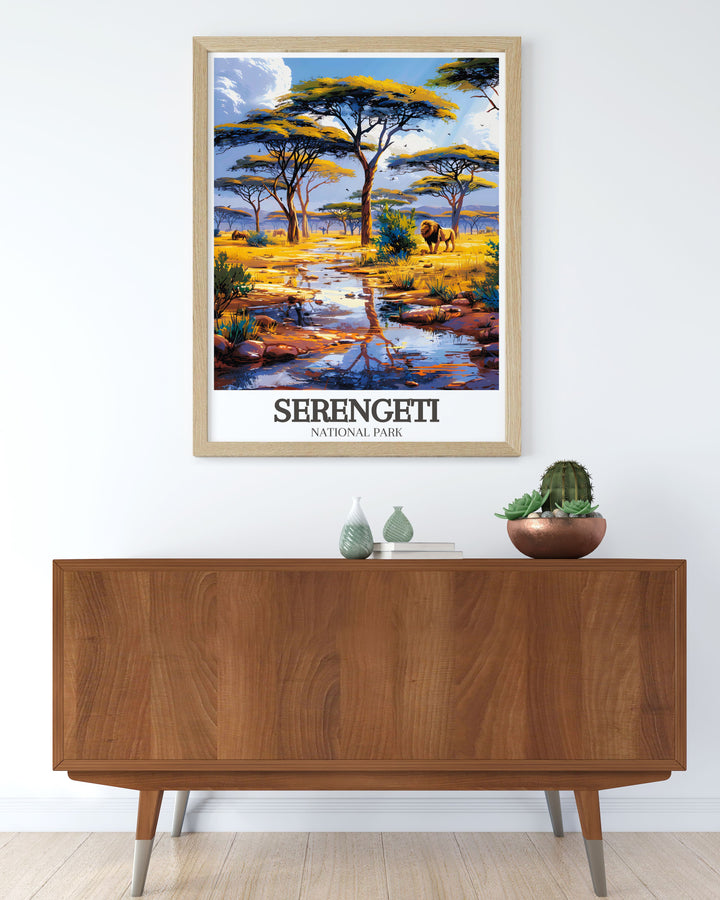 Vintage travel print featuring Acacia tree Wildlife savanna with vibrant colors bringing the beauty of Tanzania into your home