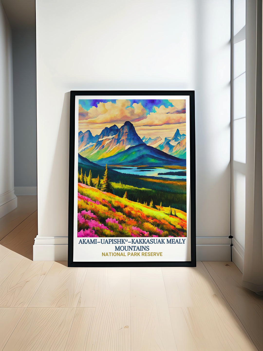 This detailed art print captures the awe inspiring landscapes of Newfoundlands Mealy Mountains. The piece emphasizes the natural harmony between the rugged terrain and the peaceful waters of the Labrador Sea.