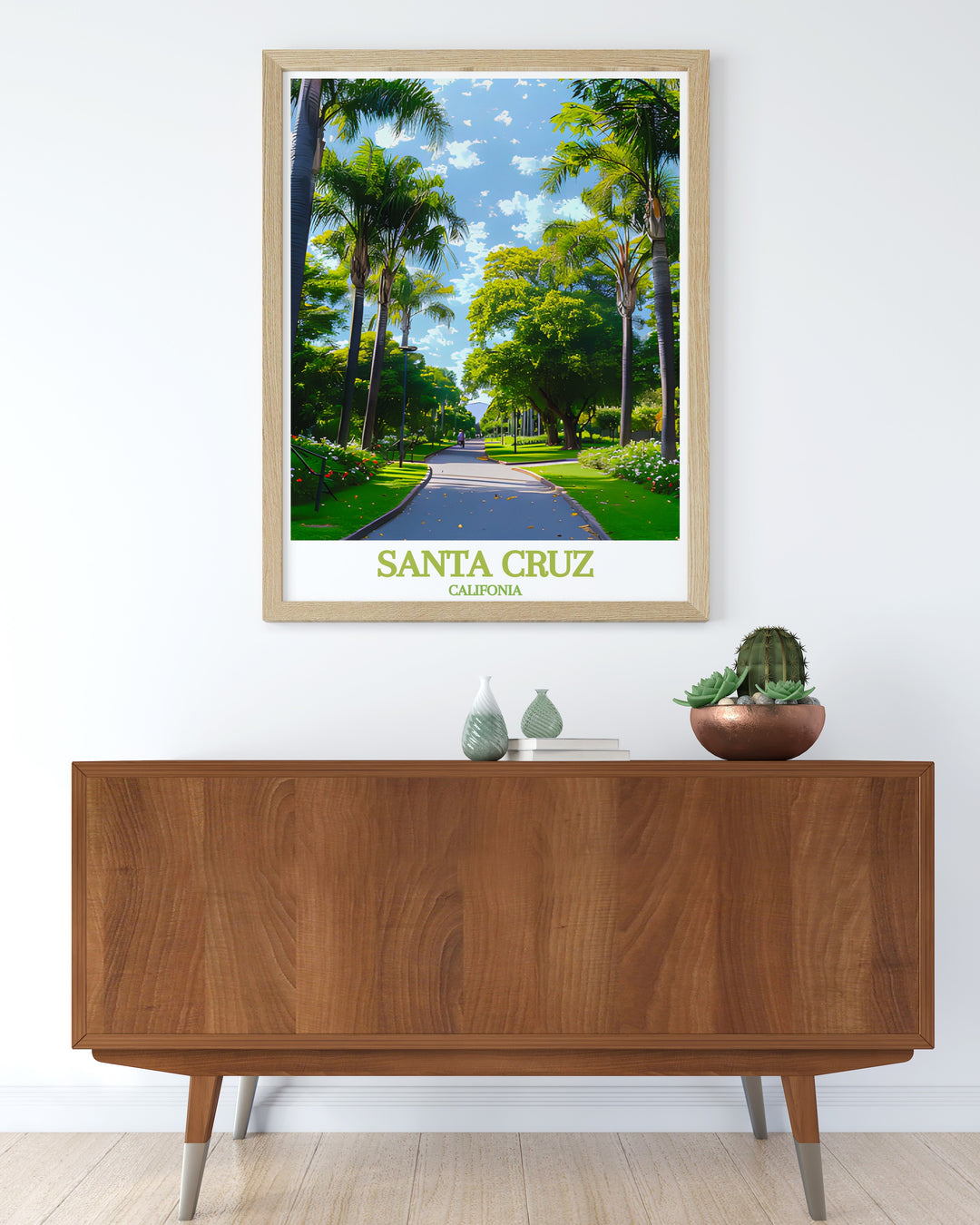 California print highlighting the natural beauty of Santa Cruz combined with Parque García Sanabria prints. This artwork makes a striking addition to home decor offering a blend of coastal charm and modern design for travelers and art lovers alike.