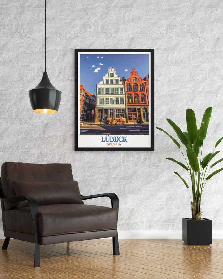 Elegant Germany decor featuring a Lubeck poster print with Buddenbrook House this art piece is perfect for those who appreciate German history and culture a stunning representation of Lubecks iconic landmarks beautifully crafted for your living room or office