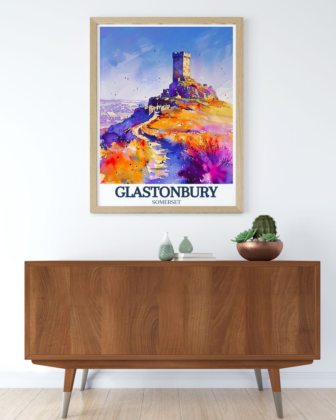 Captivating England wall art featuring Glastonbury Tor with St. Michaels tower and Somerset levels perfect for adding a touch of UK art to your home ideal as a unique Glastonbury gift for art lovers and history enthusiasts.