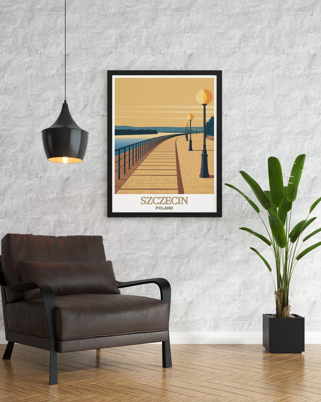 High quality Szczecin artwork featuring Wały Chrobrego. This print showcases the grand architectural design and beautifully landscaped terraces of Szczecins iconic waterfront, making it an ideal piece for home decor.