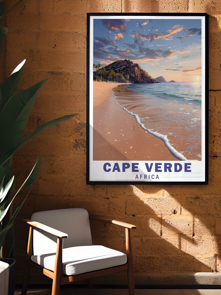 This Cape Verde art print offers a stunning view of Santa Maria Beach, where the Atlantic meets the shore in perfect harmony. The vibrant artwork captures the islands serene beauty, ideal for anyone looking to add a piece of Africas coastal charm to their home décor.