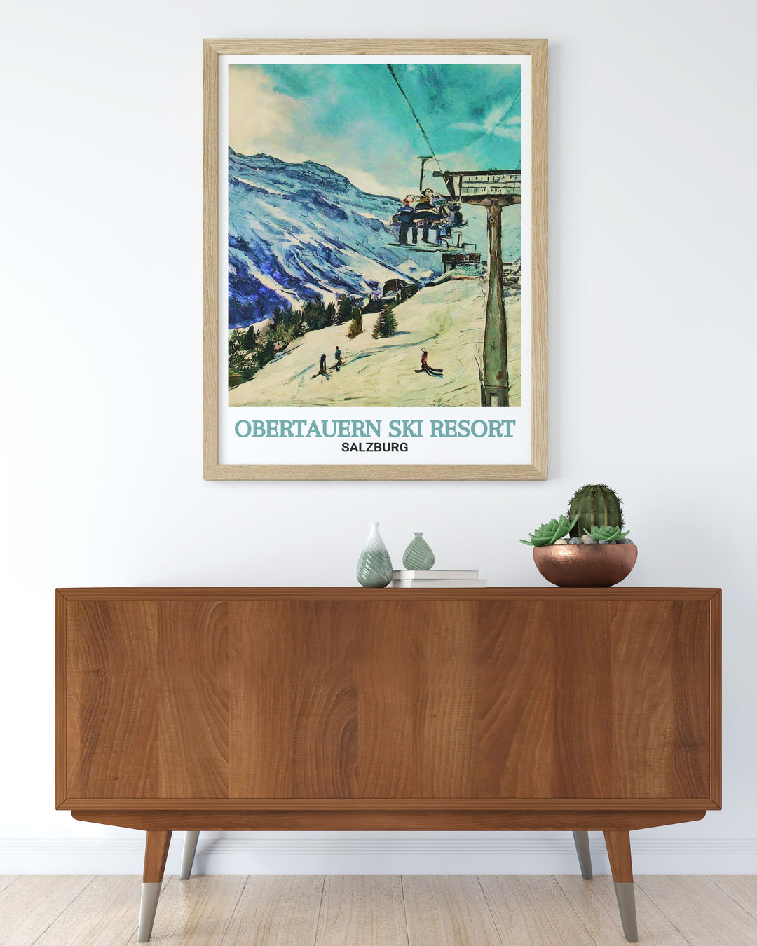 An Austrian winter escape captured in this Obertauern travel poster, featuring the Edelweissbahn Chairlift and the snowy mountains of Salzburg. A unique addition to your ski decor collection, ideal for ski enthusiasts.