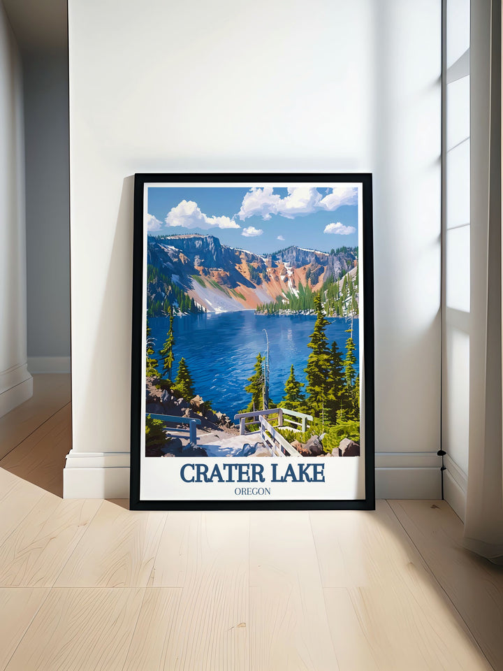 This poster artfully depicts the natural beauty of Crater Lake and the enchanting landscapes of Wizard Island, offering a perfect blend of Oregons landscapes and cultural landmarks for your decor.