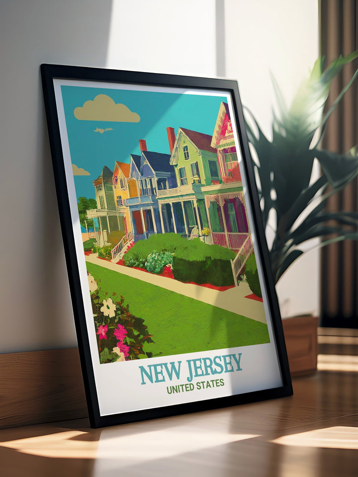 New Jersey Cape May art collection showcasing the scenic views and charming streets of the town. Perfect for adding a touch of coastal elegance to your home decor. This print captures the essence of Cape Mays vibrant atmosphere.