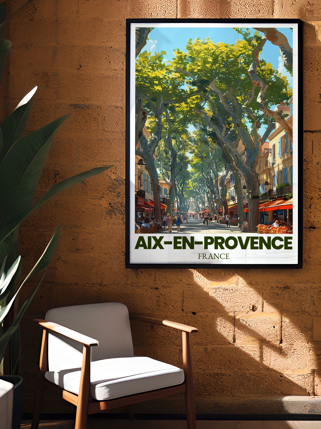 The essence of Aix en Provence is captured in this travel print, featuring the famous Cours Mirabeau. The boulevards rich history and classical beauty are reflected in this artwork, making it an ideal piece for anyone looking to add a touch of France to their decor.