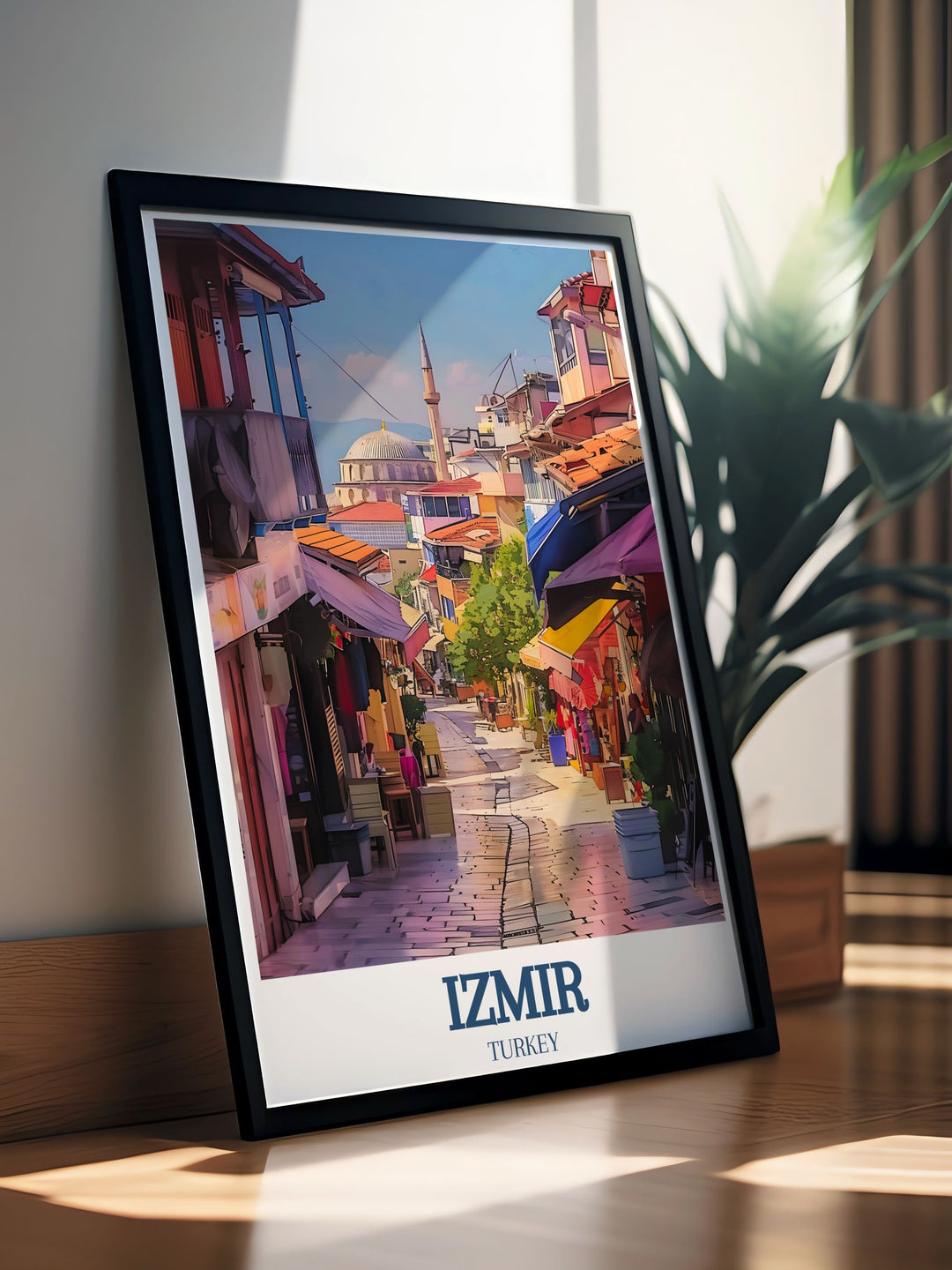 This striking Izmir poster print features two of Turkeys most iconic landmarks Kemeralti Bazaar and Başdurak Mosque. The travel print offers a unique look into the heart of Turkish culture, making it an excellent choice for anyone looking to add depth to their décor.