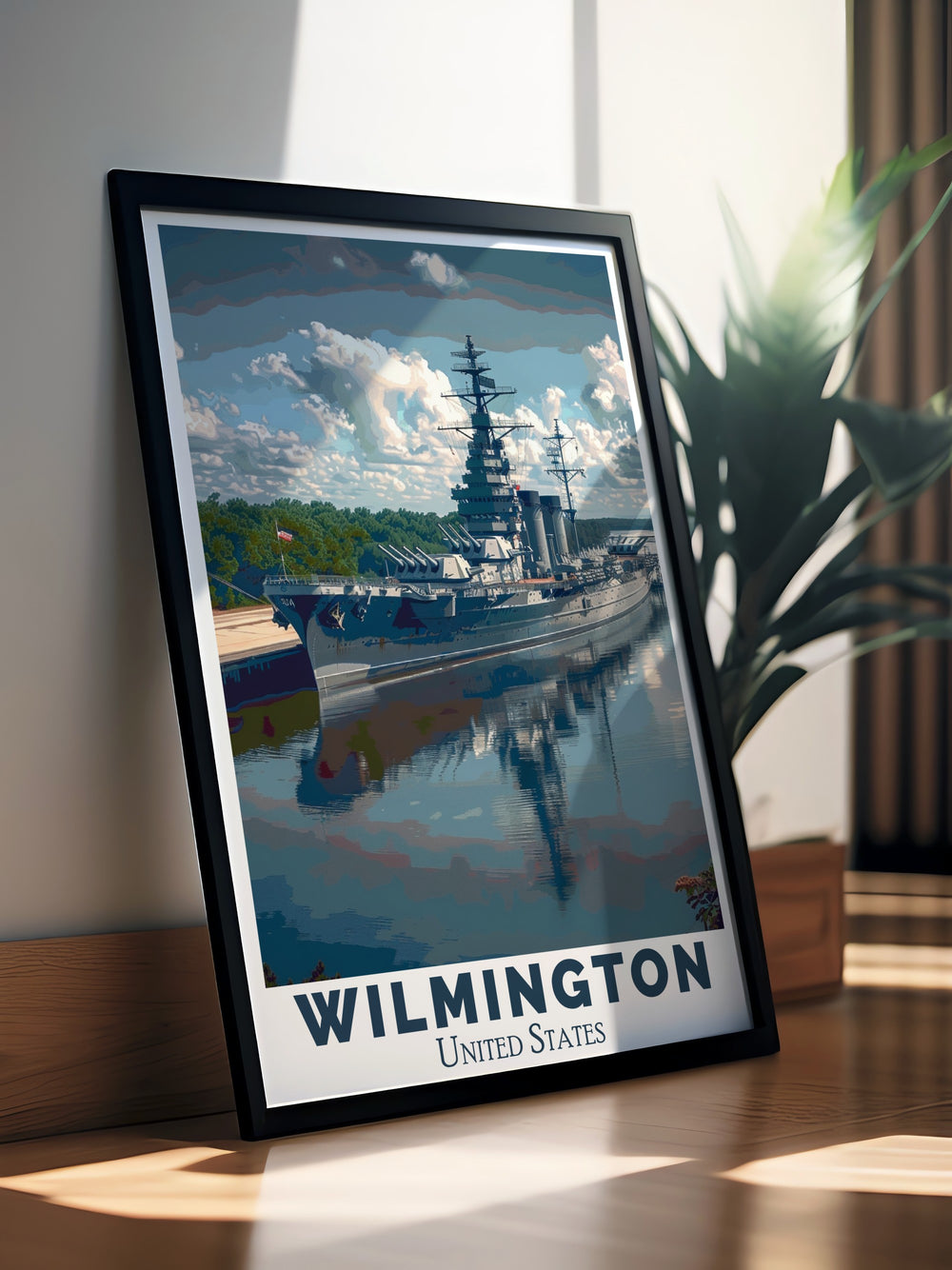 This travel poster artfully combines Wilmingtons coastal charm with the historic Battleship North Carolina and the modern skyline of New York. Perfect for home decor, it celebrates the unique stories of these American landmarks.