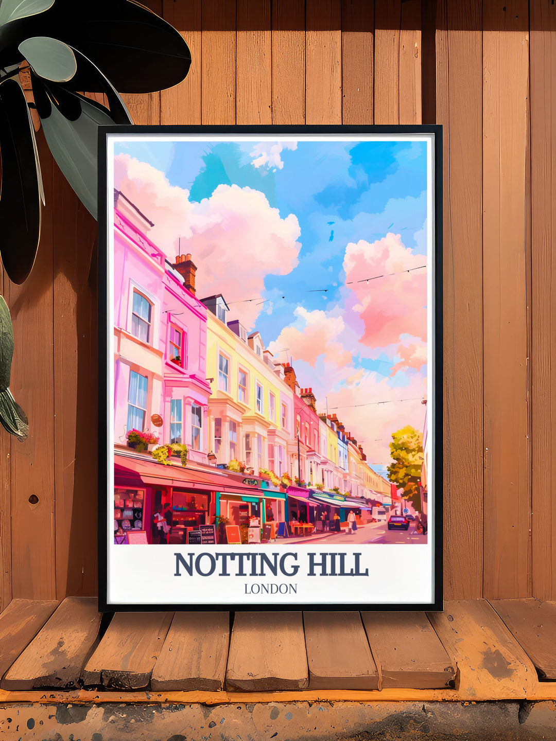 London Wall Art featuring Notting Hill and Portobello Road in all their colorful glory. This travel print adds a modern yet classic touch to your home, perfect for anyone who enjoys Londons unique blend of history and creativity.