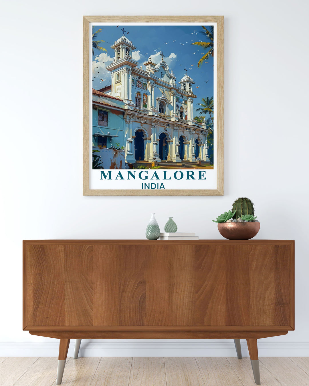 Showcasing the serene beauty of St. Aloysius Chapel and the vibrant city life of Mangalore, this poster brings the unique charm of Karnatakas coastal city into your living space, perfect for creating an exotic and historical ambiance.