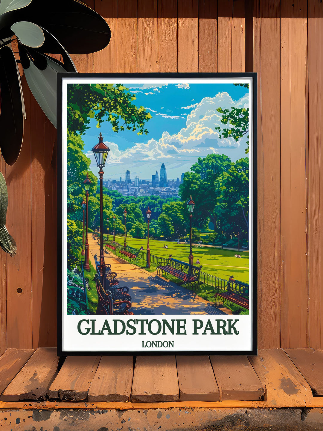 Vintage poster of Gladstone Park in Dollis Hill, London, capturing its tranquil waters and picturesque gardens, ideal for adding a touch of peaceful greenery to your living space.