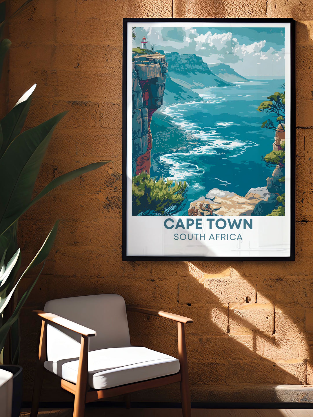 This travel poster captures the iconic Table Mountain and Cape Point in Cape Town, perfect for adding a touch of South Africas natural splendor to your home decor.