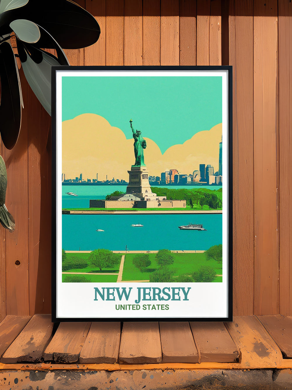 New Jersey travel print of Liberty State Park, featuring its iconic vistas and urban flair. Ideal for home decor. The detailed artwork and vibrant colors celebrate the parks beauty and significance in New Jersey.