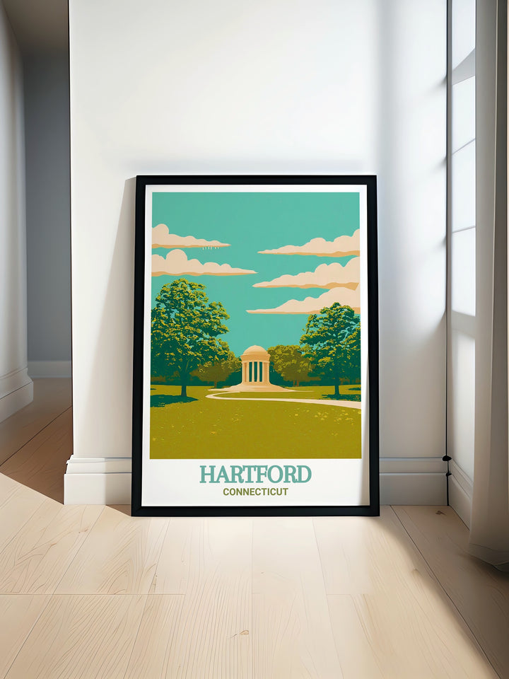 Hartford print showcasing a colorful art style featuring the iconic Bushnell Park perfect for adding elegance to your home decor with a stunning fine line city map design. This Hartford poster brings the charm of Connecticut into your living space with vibrant details.