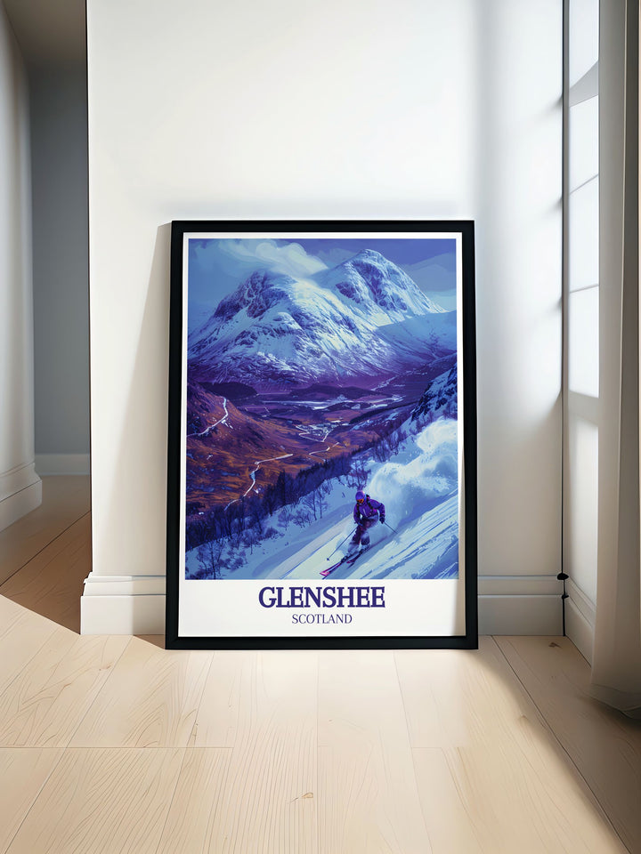 Highlighting the majestic landscapes of the Grampian Mountains, this travel poster showcases the regions natural beauty and dramatic scenery. Ideal for nature lovers, this artwork brings the stunning views of the Scottish Highlands into your home.
