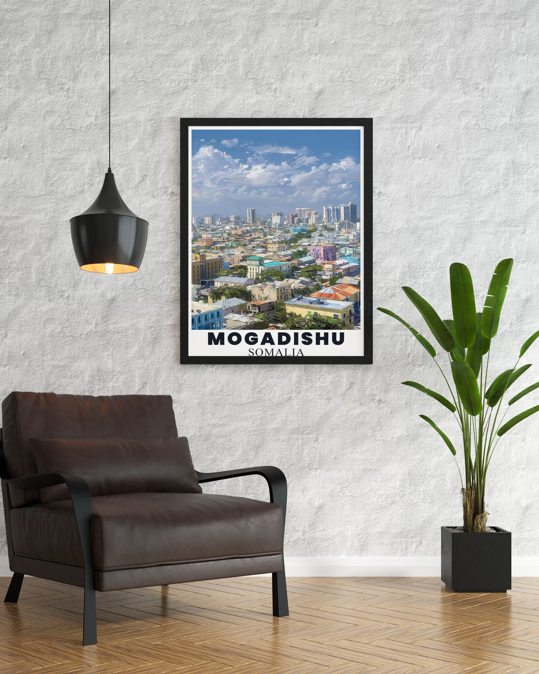 This poster of Mogadishu captures the breathtaking views and rich history of the citys landmarks, inviting viewers to experience the unique charm and adventure of Somalia.