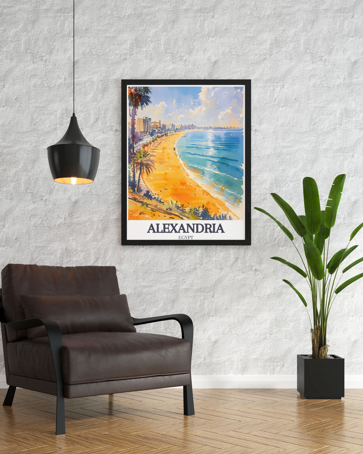 Enhance your space with this stunning Alexandria Egypt poster depicting Stanley Beach and Corniche Promenade. The intricate fine line print adds a touch of sophistication and elegance, making it a standout piece in any room.