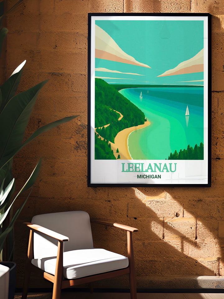 Michigan Vintage Poster reflecting the timeless allure of Michigans iconic landscapes, with a classic design that evokes nostalgia and adventure. This poster showcases the charm of Leelanau Peninsula and Leelanau State Park, enhancing your decor with historical elegance.