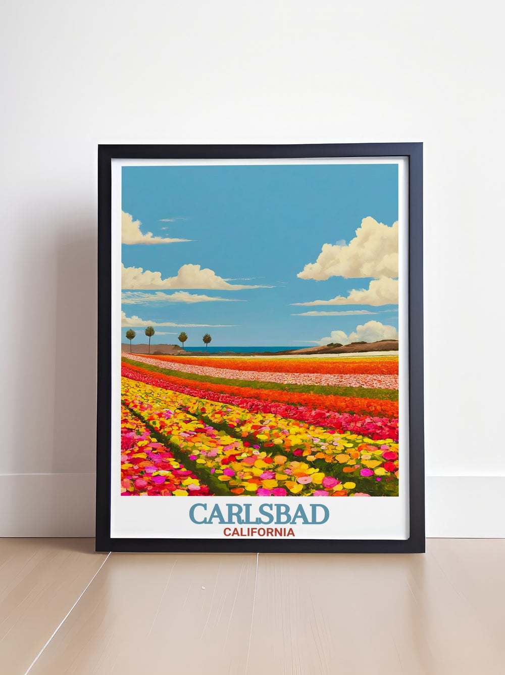 A stunning wall art piece that captures the vibrant hues of The Flower Fields at Carlsbad Ranch. This Carlsbad travel print brings the beauty of Californias coastal city to life, making it perfect for nature lovers and travelers alike.