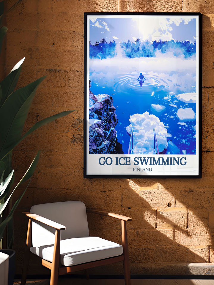 The Go Swimming Poster offers a breathtaking view of Lake Inari, Finland, and celebrates the outdoor adventure of wild swimming. Its a great addition to the homes of outdoor enthusiasts and adventurers.