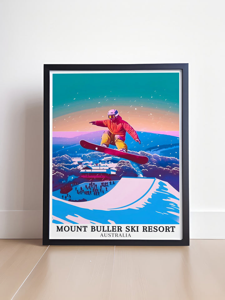 Mt Buller Vintage Poster capturing the nostalgic charm of Australias iconic ski resort with a blend of classic design and modern artistry. The poster features detailed illustrations of Mt Bullers scenic landscapes, making it a timeless piece for those who love vintage travel art and alpine decor.