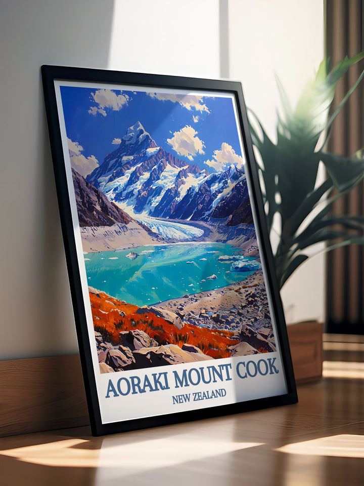 Artistic interpretation of Lake Pukaki with Aoraki Mount Cook in the background, showcasing a blend of natural beauty and modern artistic flair in wall decor.