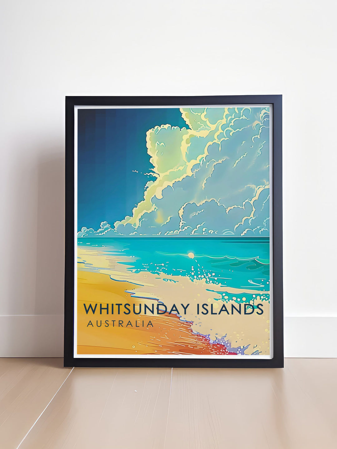 Stunning Whitehaven Beach framed print depicting the serene and picturesque landscape of Australia ideal for adding a touch of elegance to any room