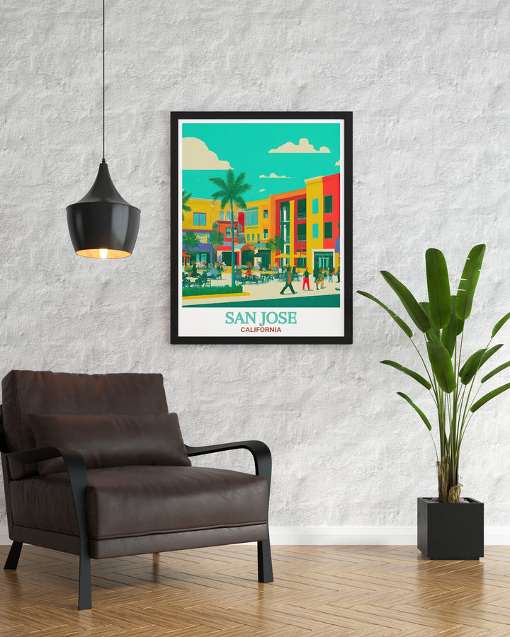 Detailed travel print of Santana Row in San Jose, highlighting the elegance and energy of this iconic California destination. Perfect for enhancing your space with a touch of Silicon Valley sophistication.