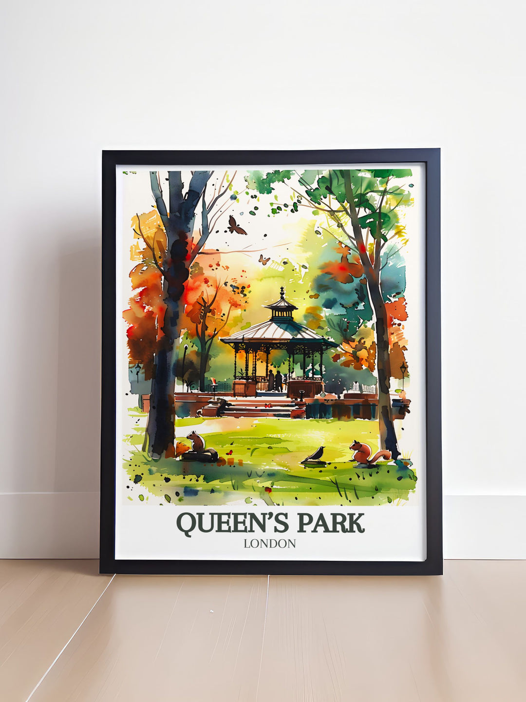 Vintage London print depicting the serene landscape of Queens Park Bandstand in Queens Park London a versatile and beautiful piece of modern art