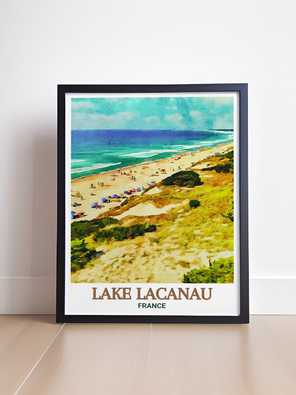 Lake Lacanau and Lacanau Beach are beautifully depicted in this French travel print. Whether youre decorating a living room, office, or bedroom, this art piece brings the serene and calming qualities of Frances natural landscapes into your home.