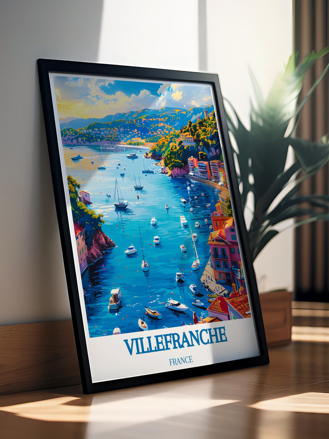 Villefranche sur Mer Harbor artwork brings the tranquil waters of the French Riviera into your living room This elegant home decor piece is perfect for adding a touch of coastal beauty to your space making it a timeless addition to your collection of France travel prints