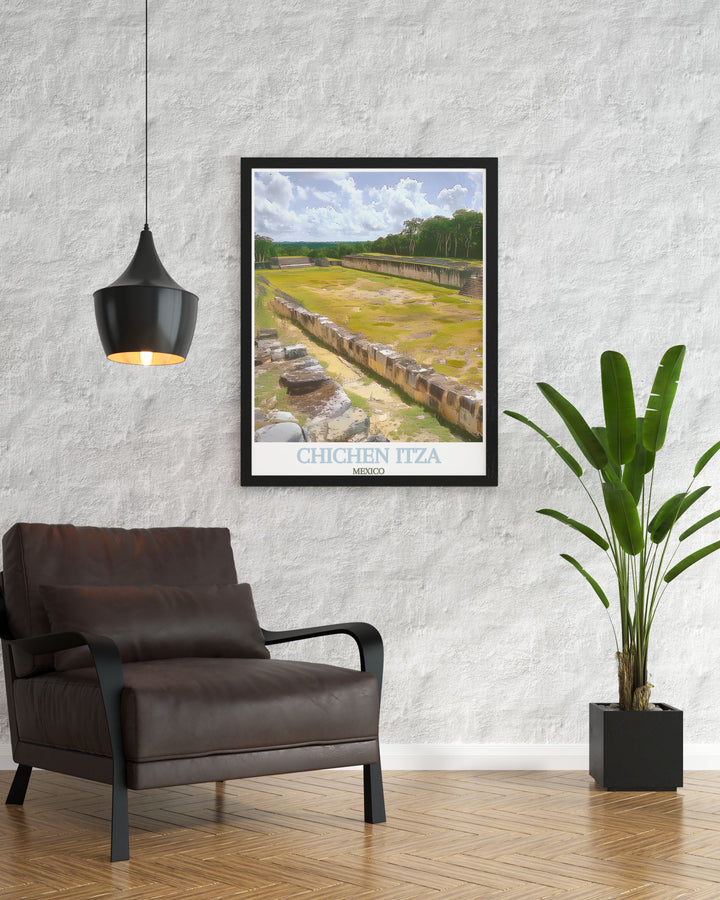 This travel poster of Chichen Itza captures the majestic beauty of the Great Ball Court, perfect for adding a touch of ancient wonder to your decor. Featuring the iconic court, this poster brings the historical grandeur of Mexico into your home.