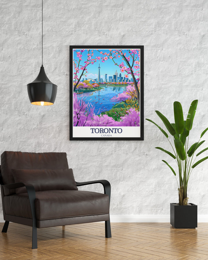 This Toronto travel poster showcases the citys most famous landmarks, from the towering CN Tower to the peaceful paths of High Park. The vibrant artwork is ideal for anyone who loves Torontos blend of urban life and nature.