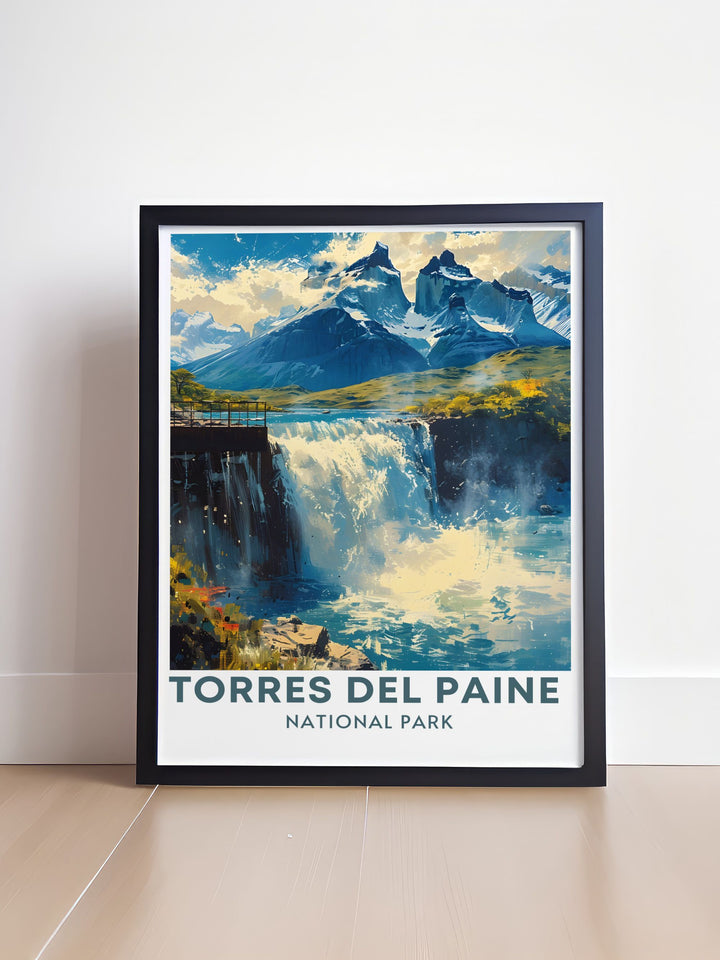South America poster featuring the iconic Salto Grande in Torres Del Paine National Park Patagonia Chile. This National Park print is a perfect addition to any wall art collection evoking the grandeur of Patagonia.