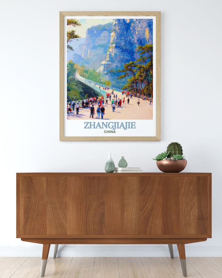 Stunning modern print of the Glass Bridge of Zhangjiajie Grand Canyon highlighting the beauty of Zhangjiajie Mountain an ideal piece for travel enthusiasts and art lovers alike