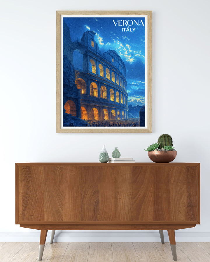 The Verona Arena, captured in this vintage style poster, evokes the charm and grandeur of ancient Rome. This artwork is perfect for history buffs and art lovers who appreciate the timeless elegance of Italys historical landmarks.