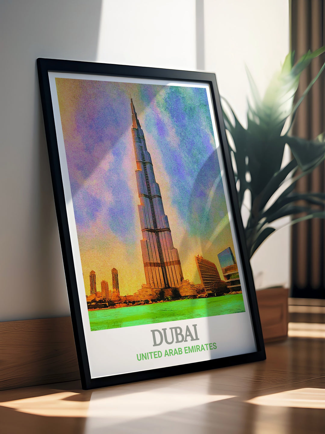 Sophisticated Burj Khalifa art print in a sleek black and white design perfect for modern home decor featuring fine line details and a Dubai street map ideal for creating a focal point in your living room or office